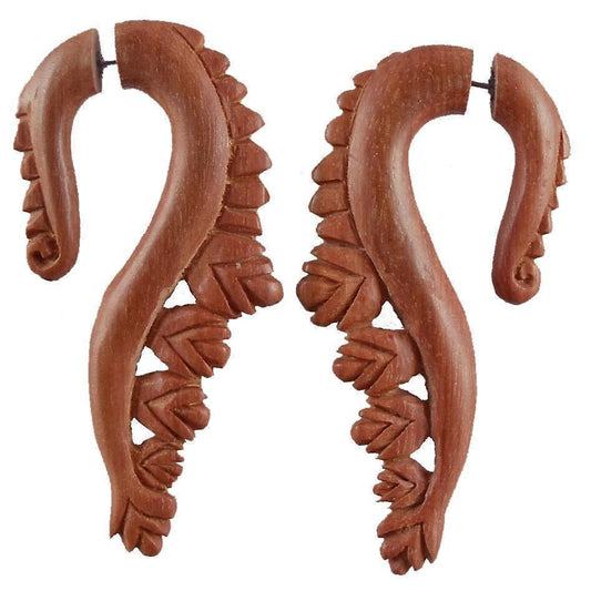 Split gauge All Wood Earrings | Fake Gauges :|: Luminous Flower. Fake Gauge Earrings, Natural Sapote. Wooden Jewelry. | Tribal Earrings