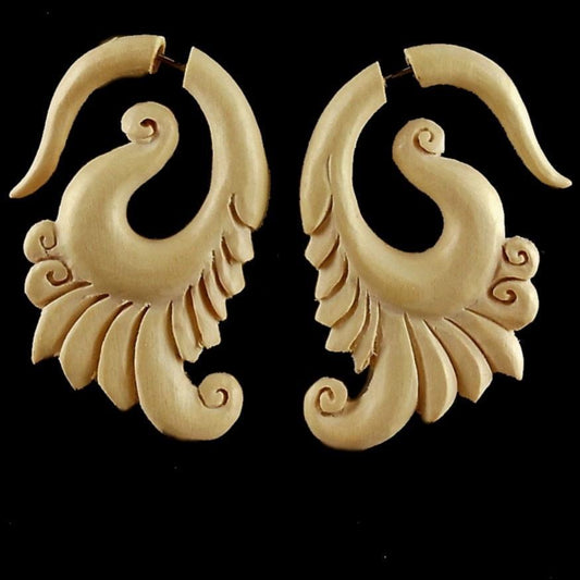 Split gauge Custom Wood Jewelry | Tribal Earrings :|: Dove Blossom. Silken Ivorywood Fake Gauge Earrings | Fake Gauge Earrings