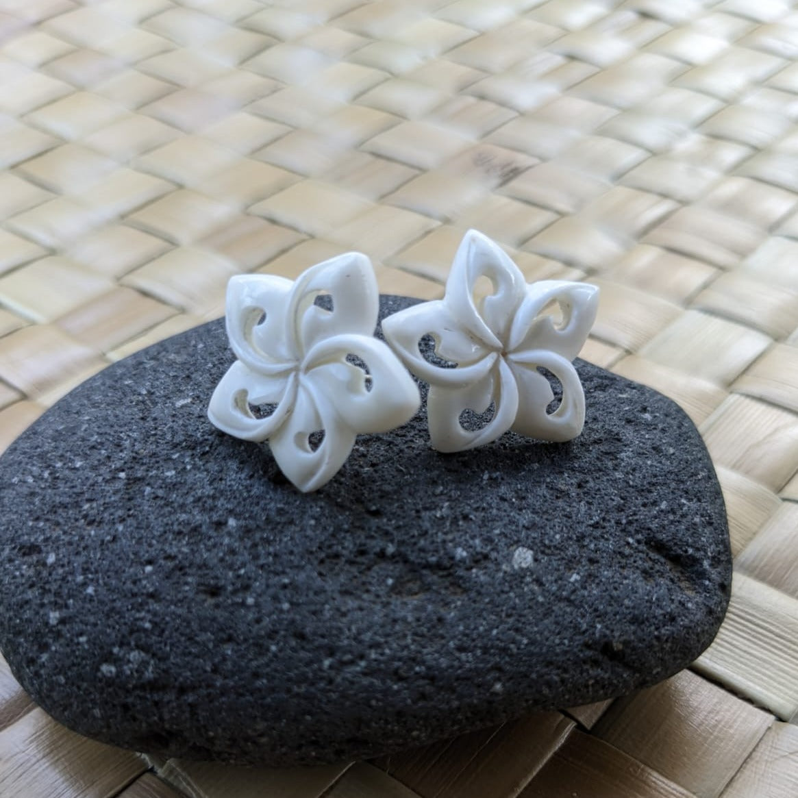 bone-earrings-White Flower Earrings. Plumeria carved in bone.-se-ff2-b