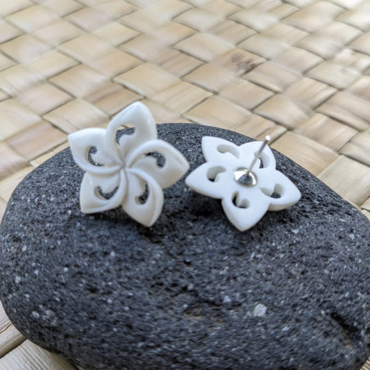 bone-earrings-White Flower Earrings. Plumeria carved in bone.-se-ff2-b