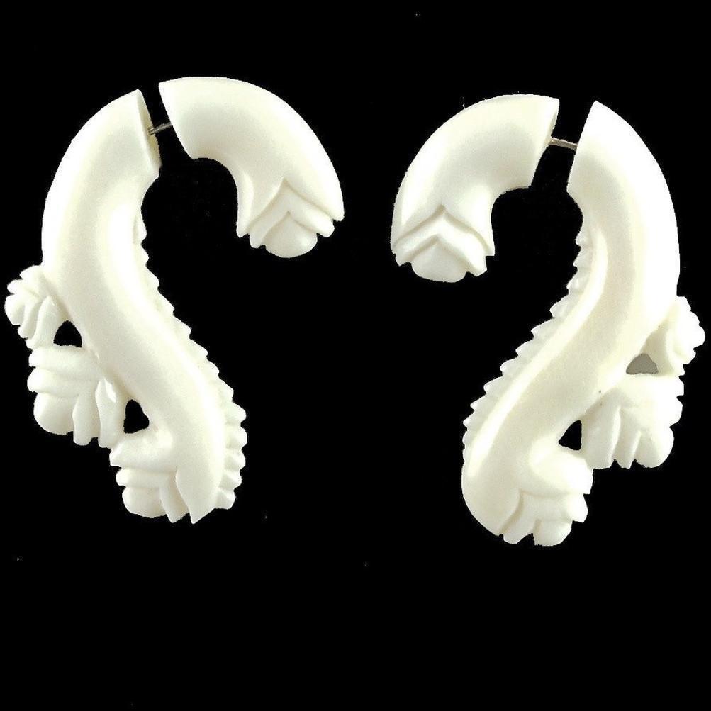 Fake Gauges :|: Evolving Vine, white. Fake Gauges. Bone Earrings. | Tribal Earrings