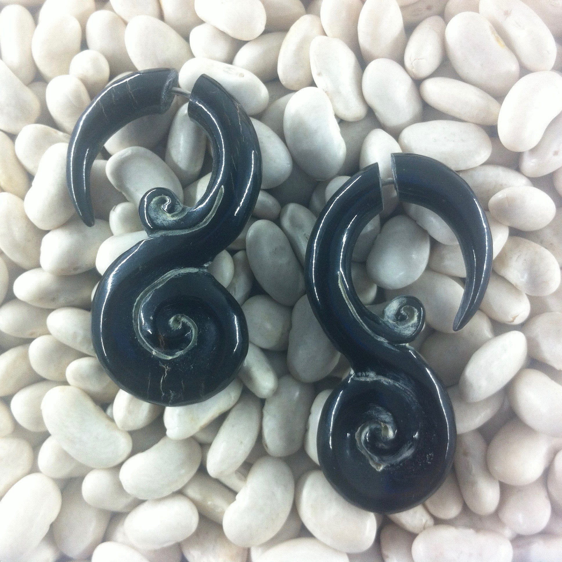 Fake Gauges :|: Hanging Double Spiral tribal earrings. Horn. | Tribal Earrings