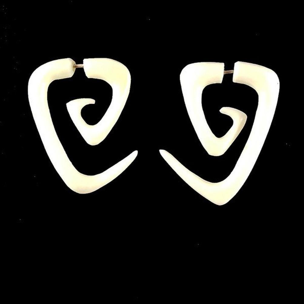 Fake Gauges :|: Maori Triangle Spiral tribal earrings. Bone Jewelry. | Tribal Earrings