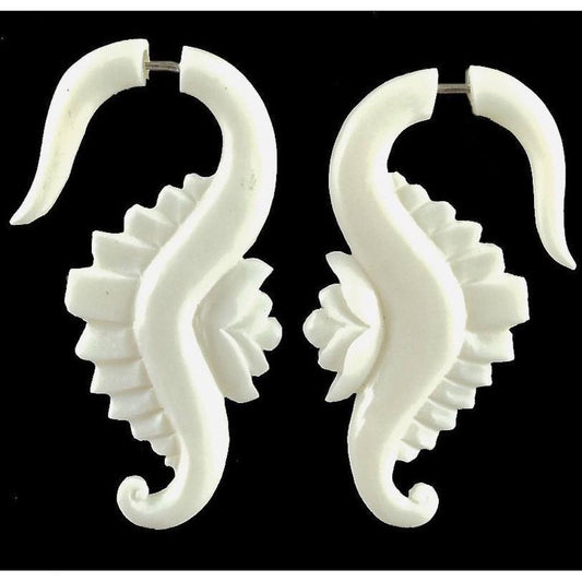 Carved Bone Earrings | Tribal Earrings :|: Seahorse Flower. Bone Tribal Fake Gauge Earrings. | Fake Gauge Earrings