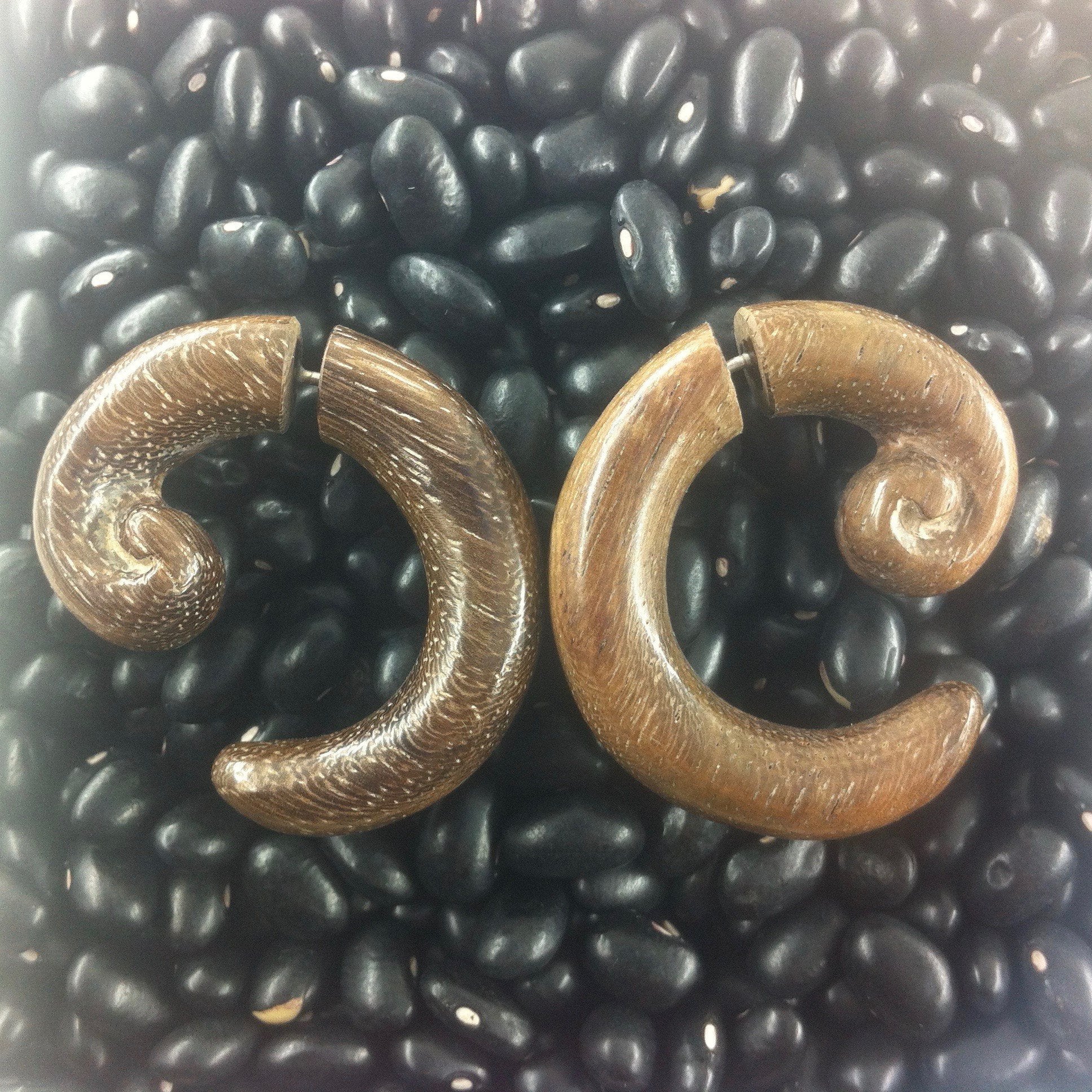 Fake Gauges :|: Spiral Hoop, tribal earrings. Natural Rosewood, Wood jewelry. | Tribal Earrings