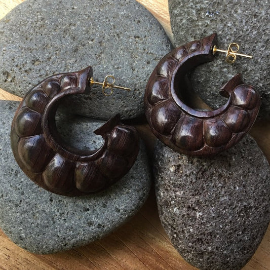 large hoop carved rosewood earrings