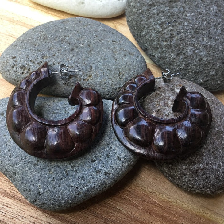 hoop post stud earrings, hardwood., carved