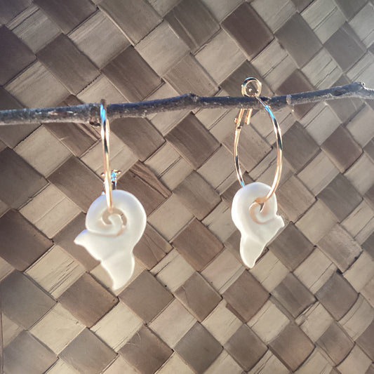 Hoop earrings with whale tail charm. 22k gold stainless and carved bone.