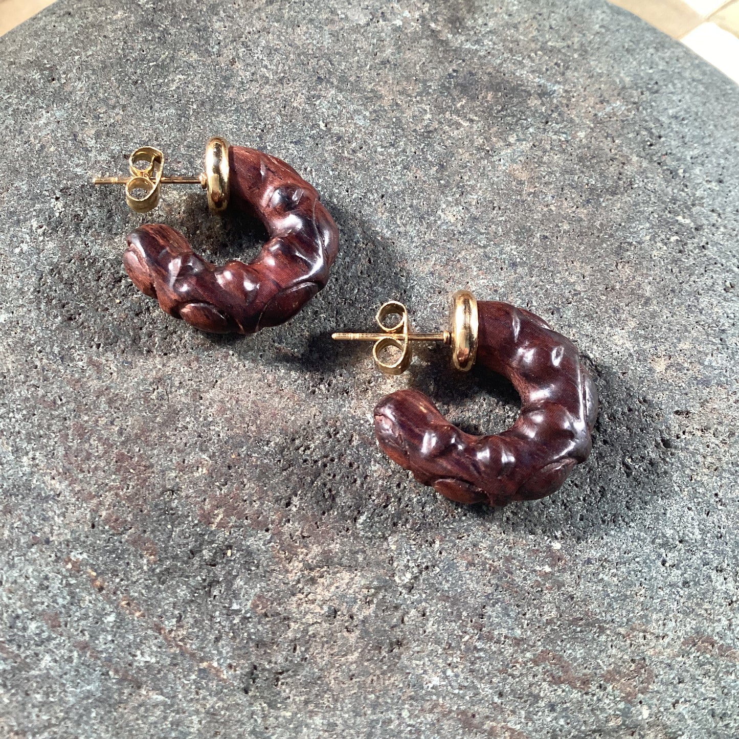 Sculpted ebony wood hoop stud earrings, 22k gold stainless or surgical steel setting