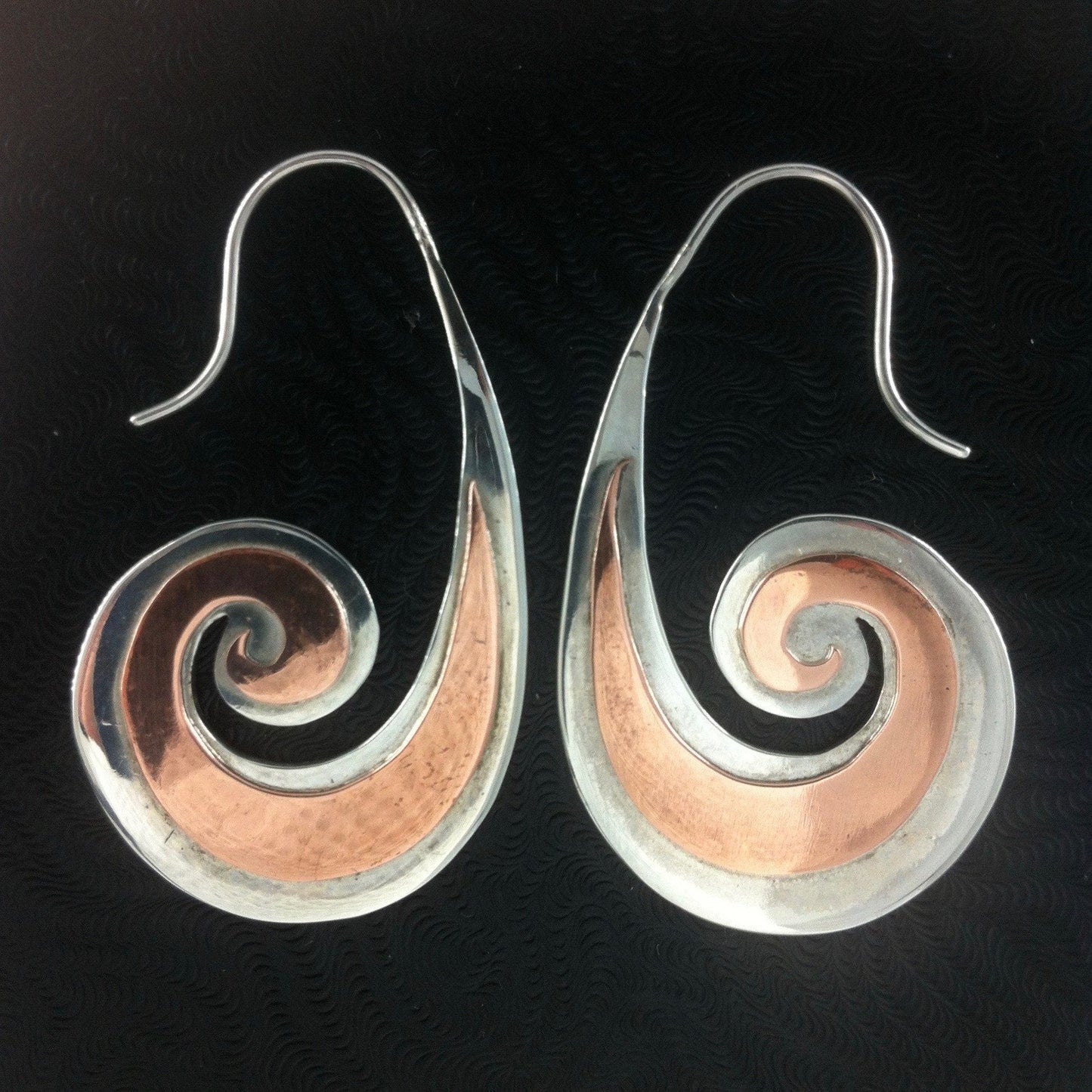 Tribal Earrings :|: Heavy Spiral. sterling silver with copper highlights earrings. | Tribal Silver Earrings
