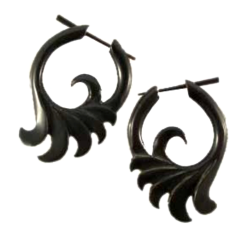 Large hoop tribal earrings | Spiral Earrings :|: Black earrings.