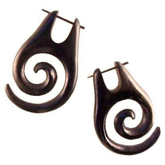 Carved Wooden Earrings | Spiral Jewelry :|: Spiral of Life. Black Wood Earrings, 1 1/8 inch W x 1 3/4 inch L. | Wood Earrings