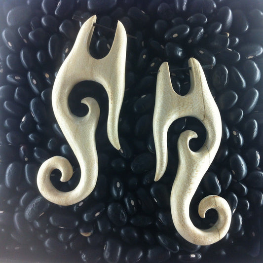 Ivory color Stick Earrings | Tribal Jewelry :|: Drops. Golden Wood Earrings, spirals.