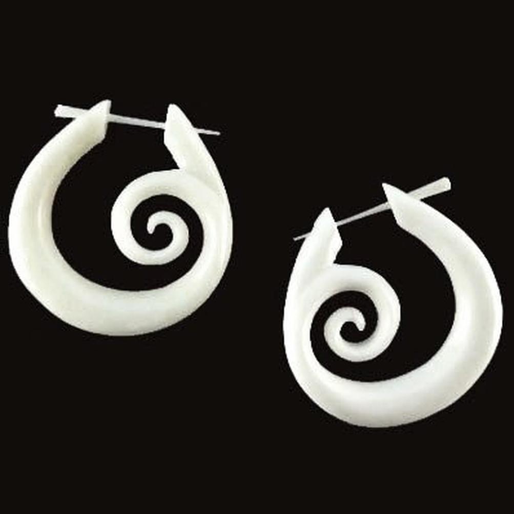 Bone Jewelry :|: Spiral Hoops, white. Tribal Earrings. Carved Jewelry. | Bone Earrings