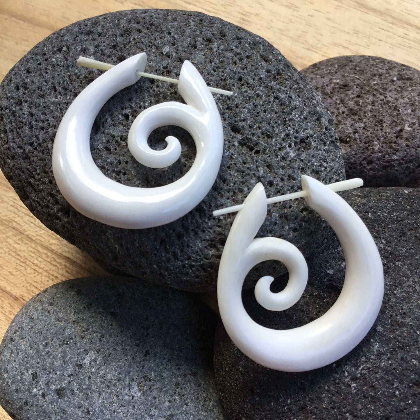 Spiral White Hoop Earrings. Hand carved bone..