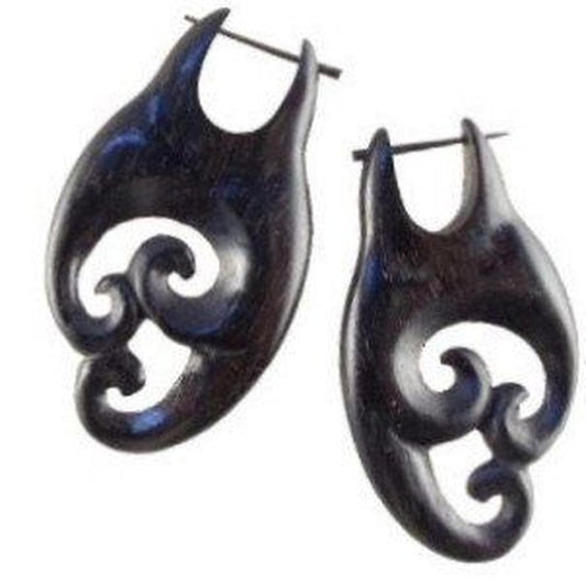 Large Black Earrings | Spiral Jewelry :|: Happy Family, black. Wood Earrings. Tribal Jewelry. | Wood Earrings