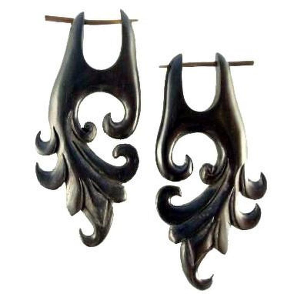 Wood Earrings :|: Dragon Vine. Black Wood Earrings. 1 1/4 inch W x 2 1/8 inch L. | Wood Earrings