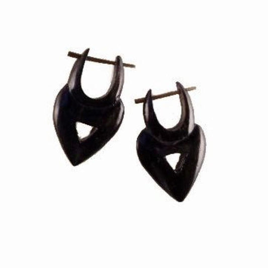 Carved Wood Earrings | Heart Drop. Wooden Earrings. Ebony, 3/4 inch W x 1 1/4 inch L.