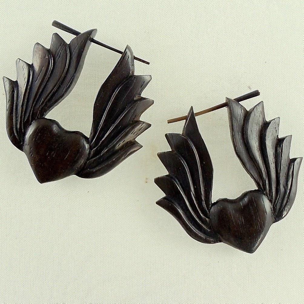 Natural Jewelry :|: Winged Heart. Wooden Earrings. Natural Black Jewelry. | Wooden Earrings