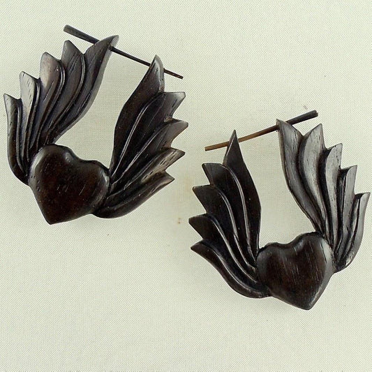 Heart shape Wooden Earrings | Natural Jewelry :|: Winged Heart. Wooden Earrings. Natural Black Jewelry. | Wooden Earrings