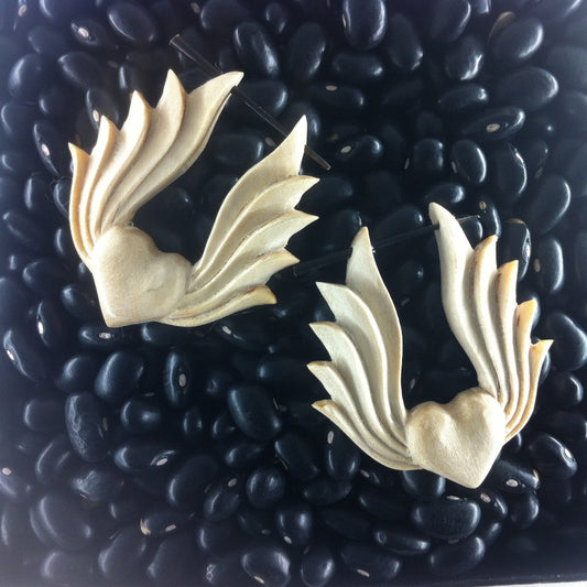Organic Wood Earrings | Natural Jewelry :|: Winged Heart. Light Wood Earrings, 1 1/2 inch W x 1 1/2 inch L. | Wood Earrings
