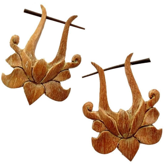 Sapote wood Lotus Earrings | Natural Jewelry :|: Lotus Rose. Tribal Earrings, wood.