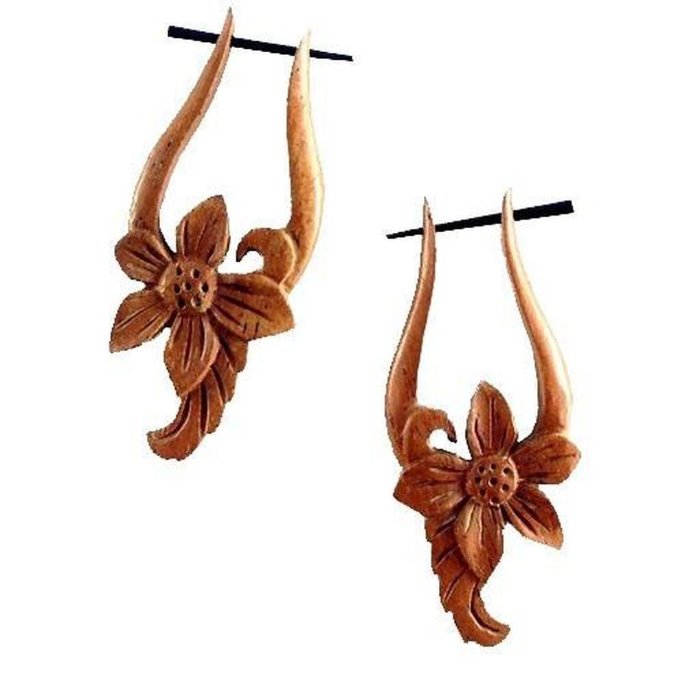 Carved wood flower earrings