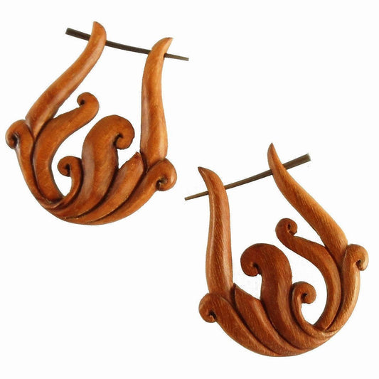 Carved Wooden Hoop Earrings | Hypoallergenic Earrings :|: Spring Vine. Tribal Earrings, wood. 1 1/4 inch W x 1 3/4 inch L. | Wooden Hoop Earrings