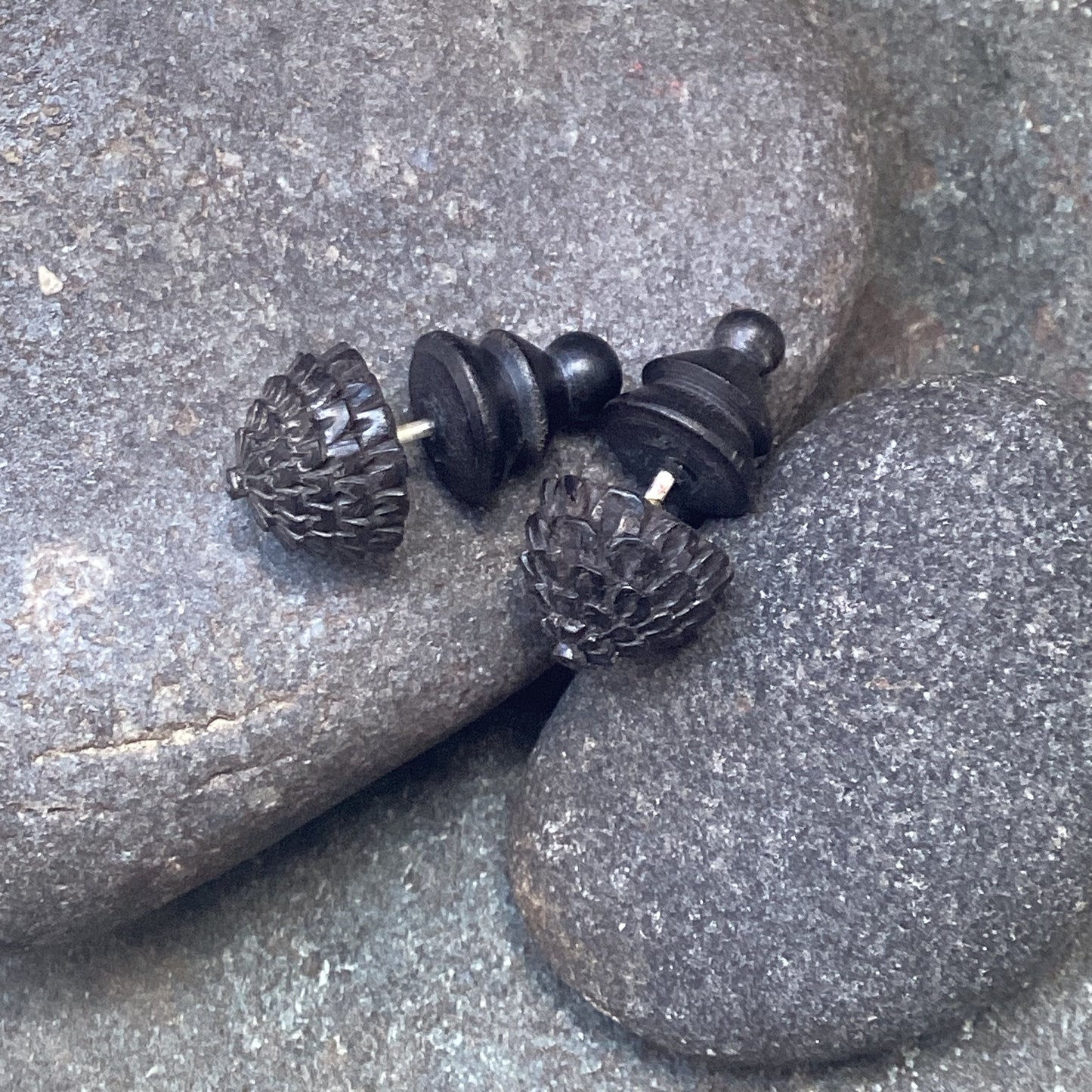 Black tribal stud earrings, lava wood