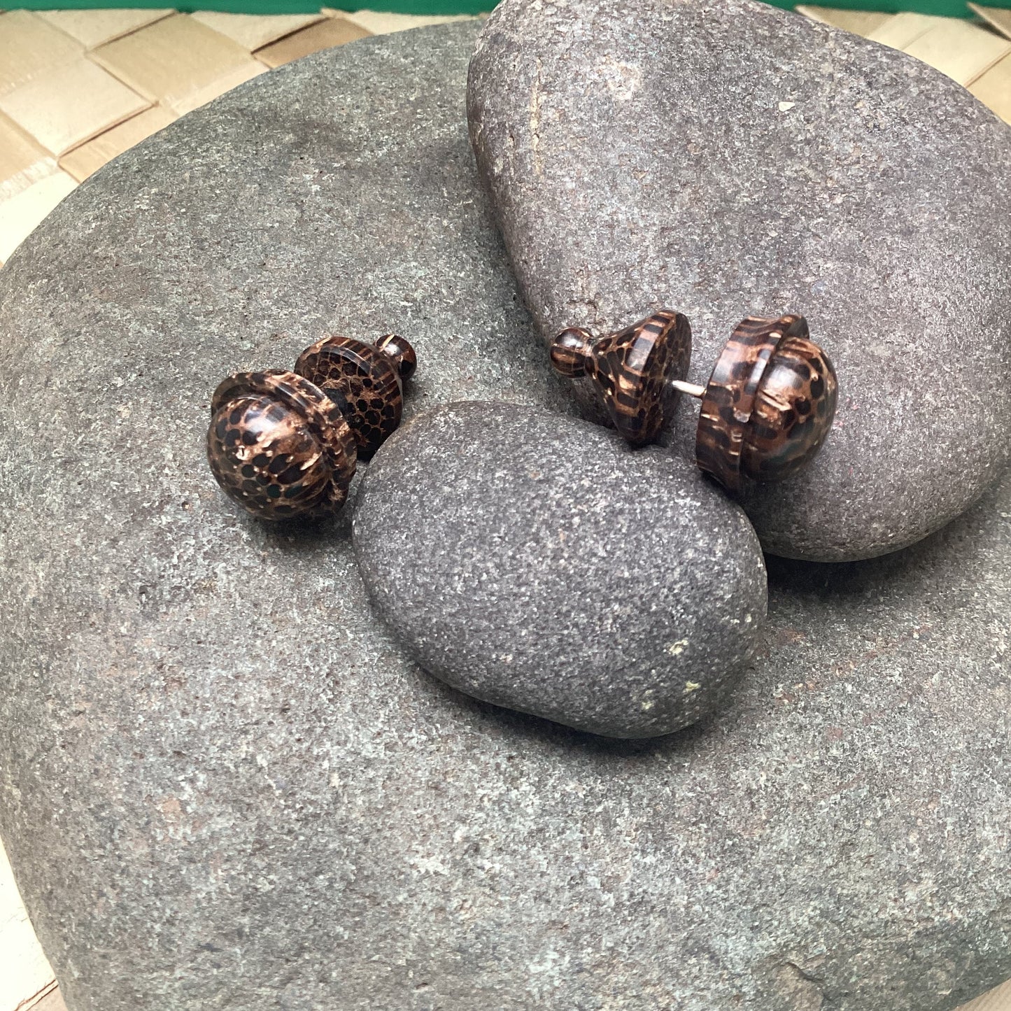 Tribal earrings, coconut wood. Fake plugs.