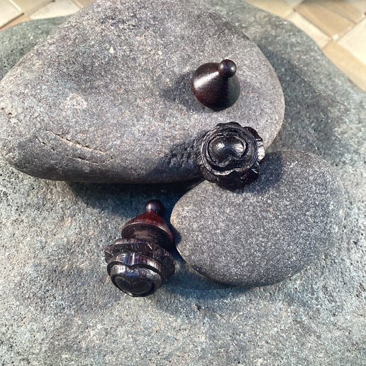 Metal Stud Earrings | Carved studs, round post earrings. Ebony wood