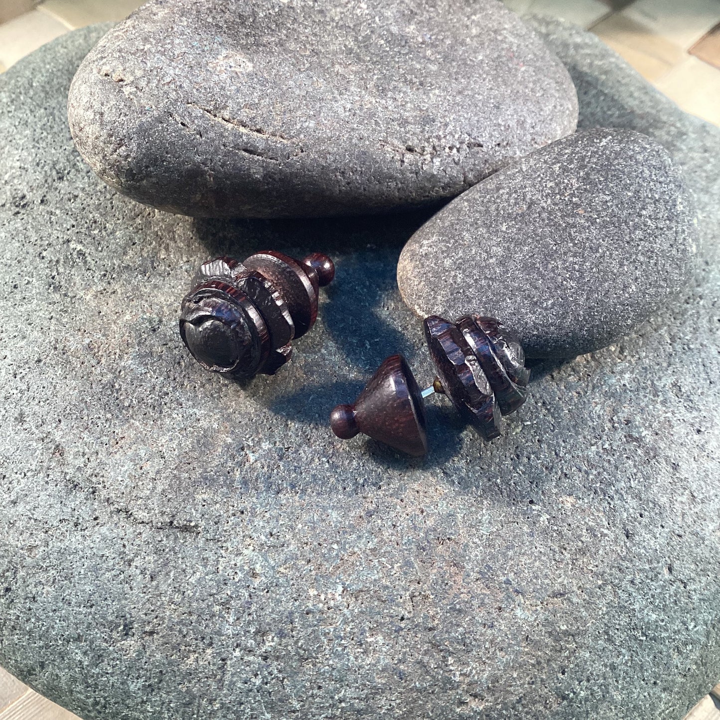 Carved studs, round post earrings. Ebony wood