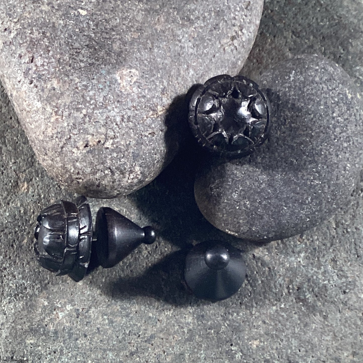 Carved studs, black flower post earrings. Ebony wood