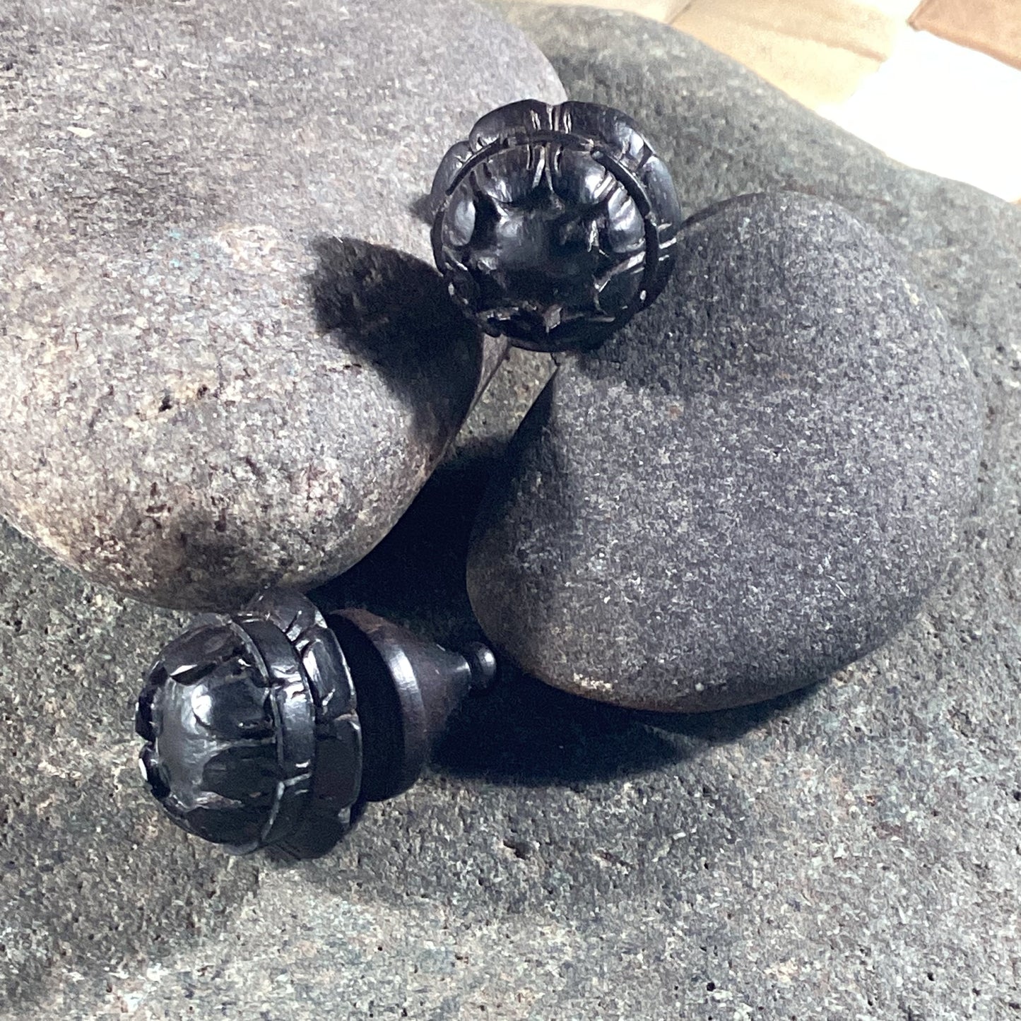 Carved studs, black flower post earrings. Ebony wood