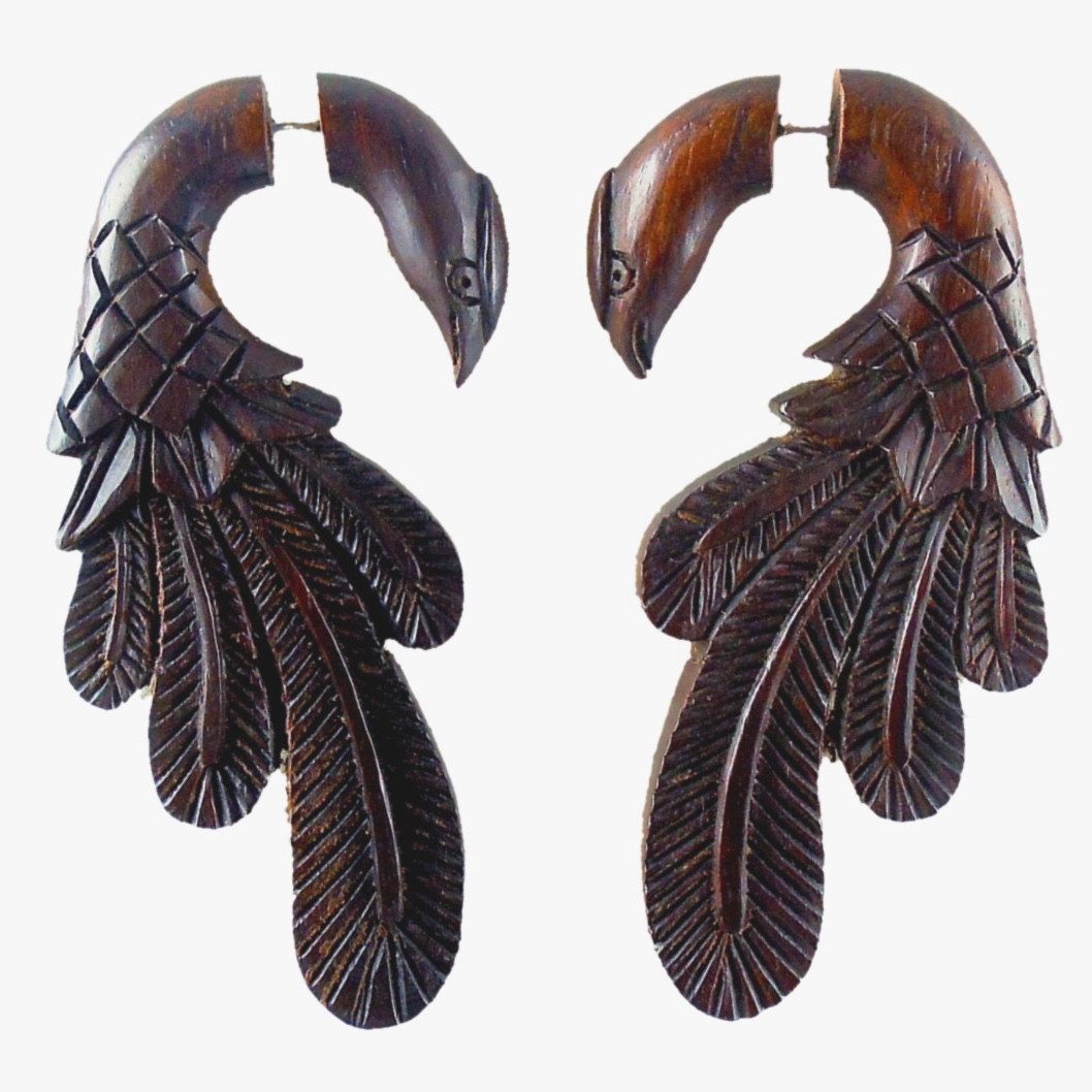 Tribal Earrings :|: Peacock Pheasant. Rosewood Tribal Fake Gauge Earrings | Fake Gauge Earrings