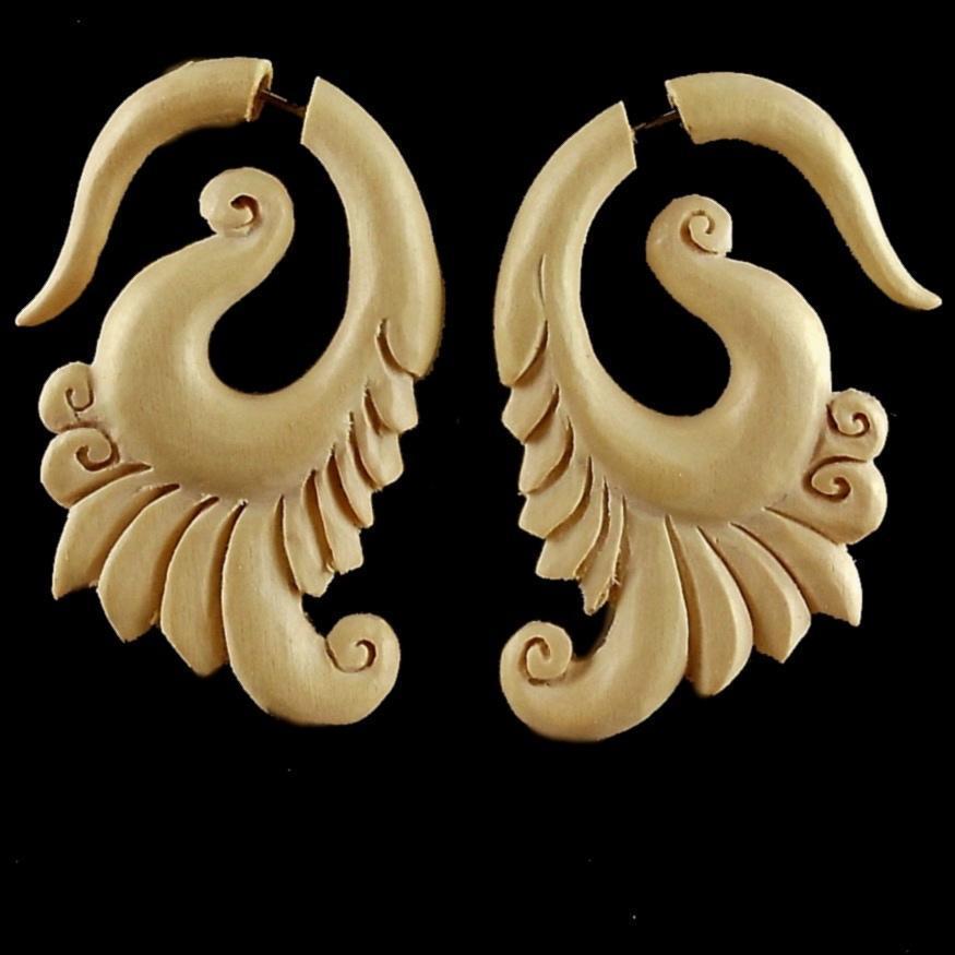 Tribal Earrings :|: Dove Cloud. Cream Ivory Wood Fake Gauges 