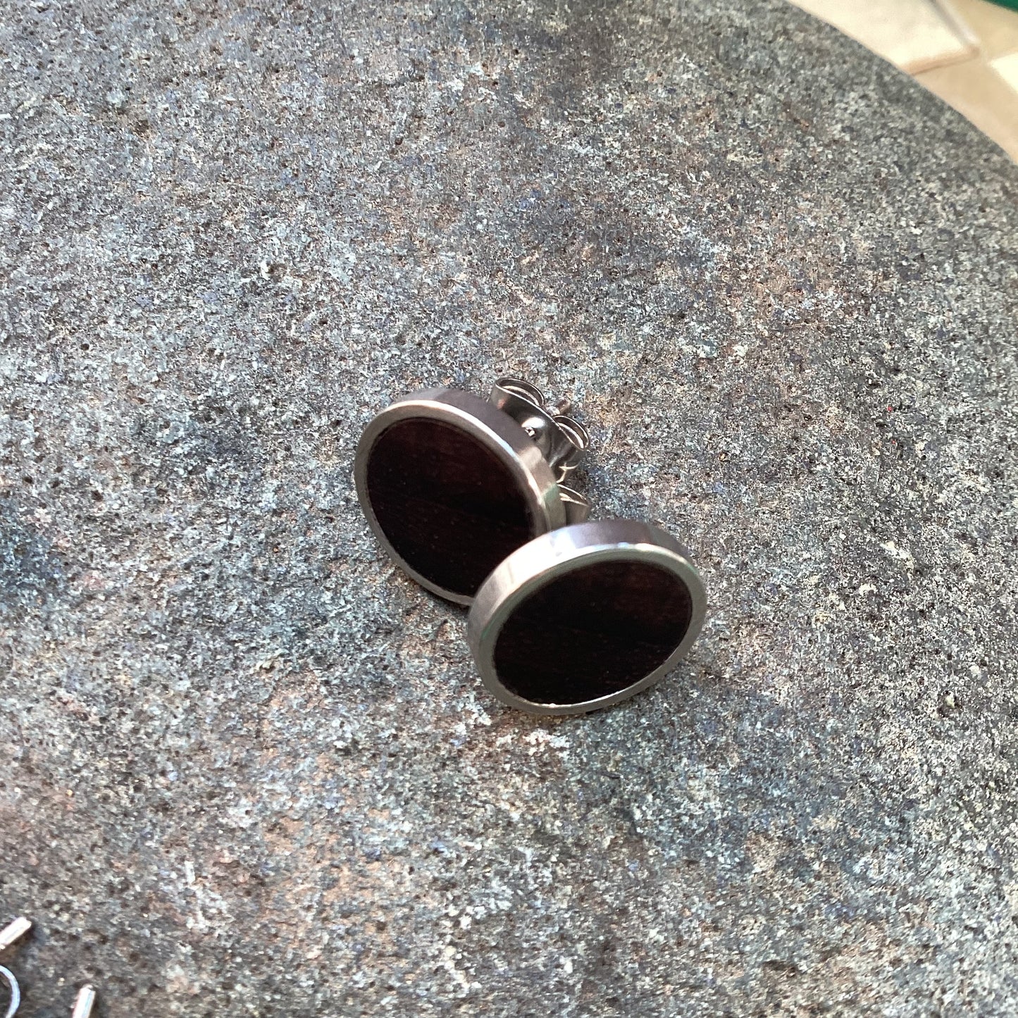 Black ebony wood and stainless steel, round post earrings.