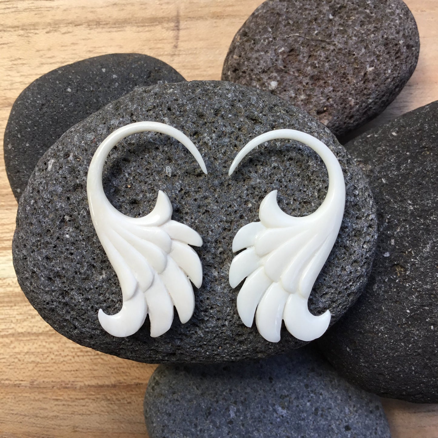 Wings. Bone 12g gauge earrings.