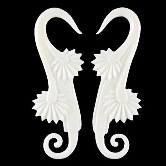 For stretched lobes Bone Body Jewelry | 6 gauge earrings, long, white, carved.