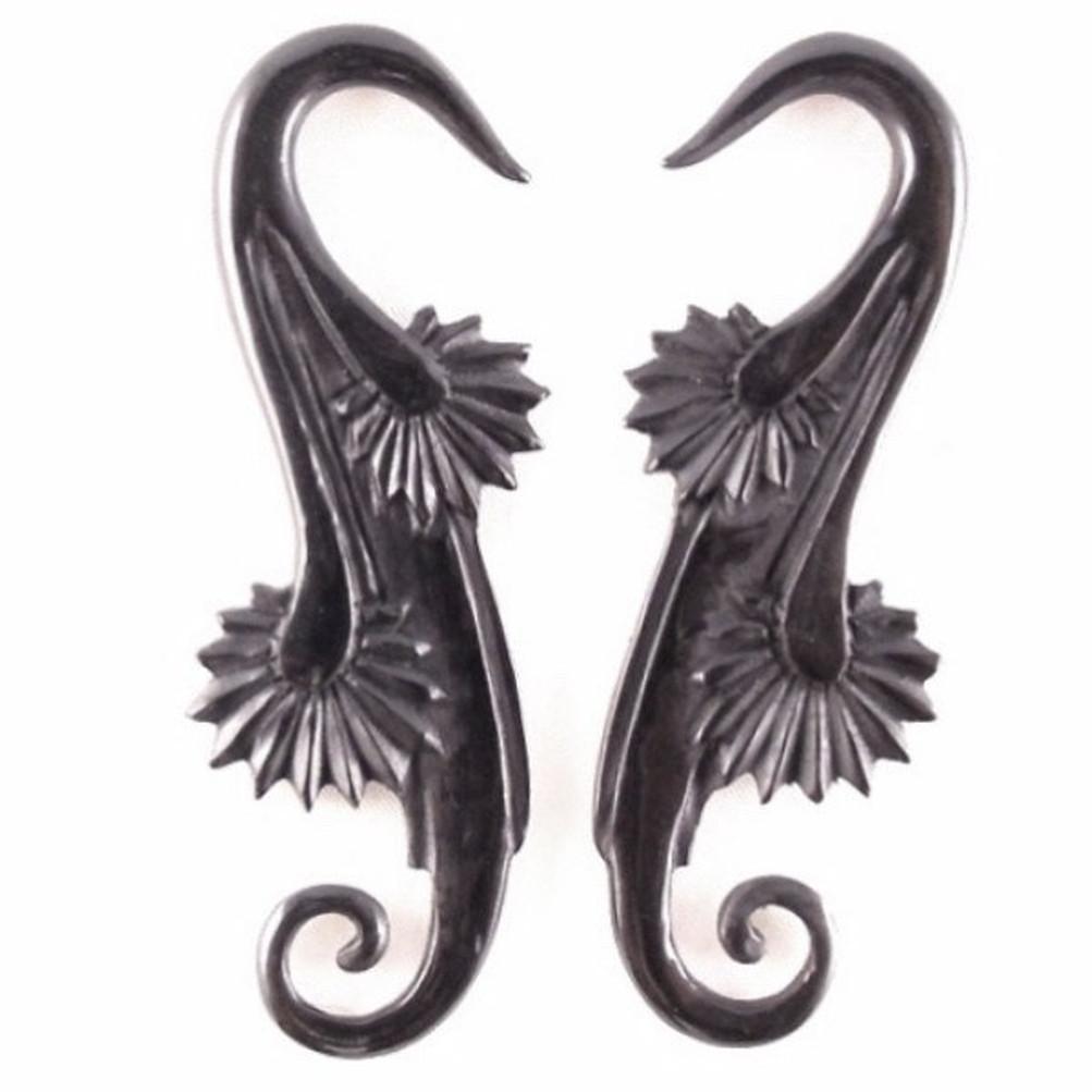 6 gauge earrings, black, carved, organic.