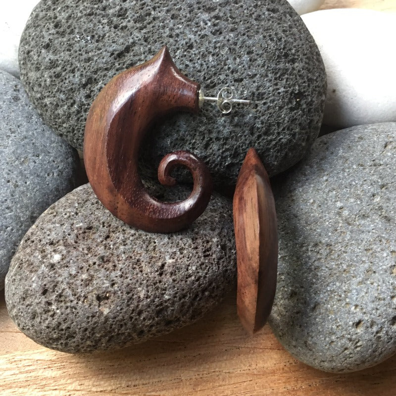 Carved rosewood and spiral curve tribal stud earrings, sterling silver.