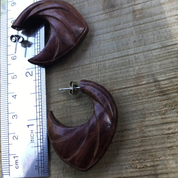 Pointed Hoop Earrings, Rosewood and Sterling Silver, 18k Layered or Surgical Steel Studs