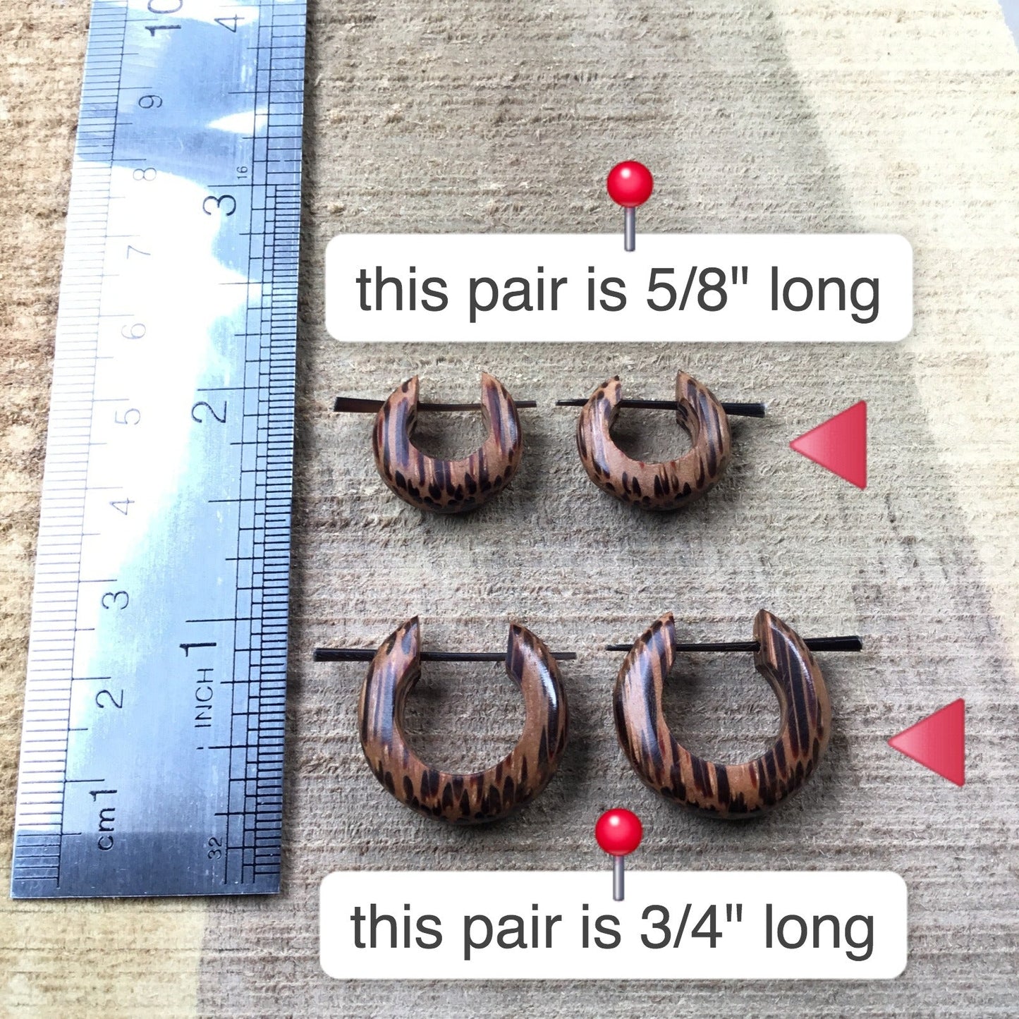 Hoop earrings, 2 pair Stack Set. Coconut Wood. 2 sizes: 5/8 inch and 3/4 inch.