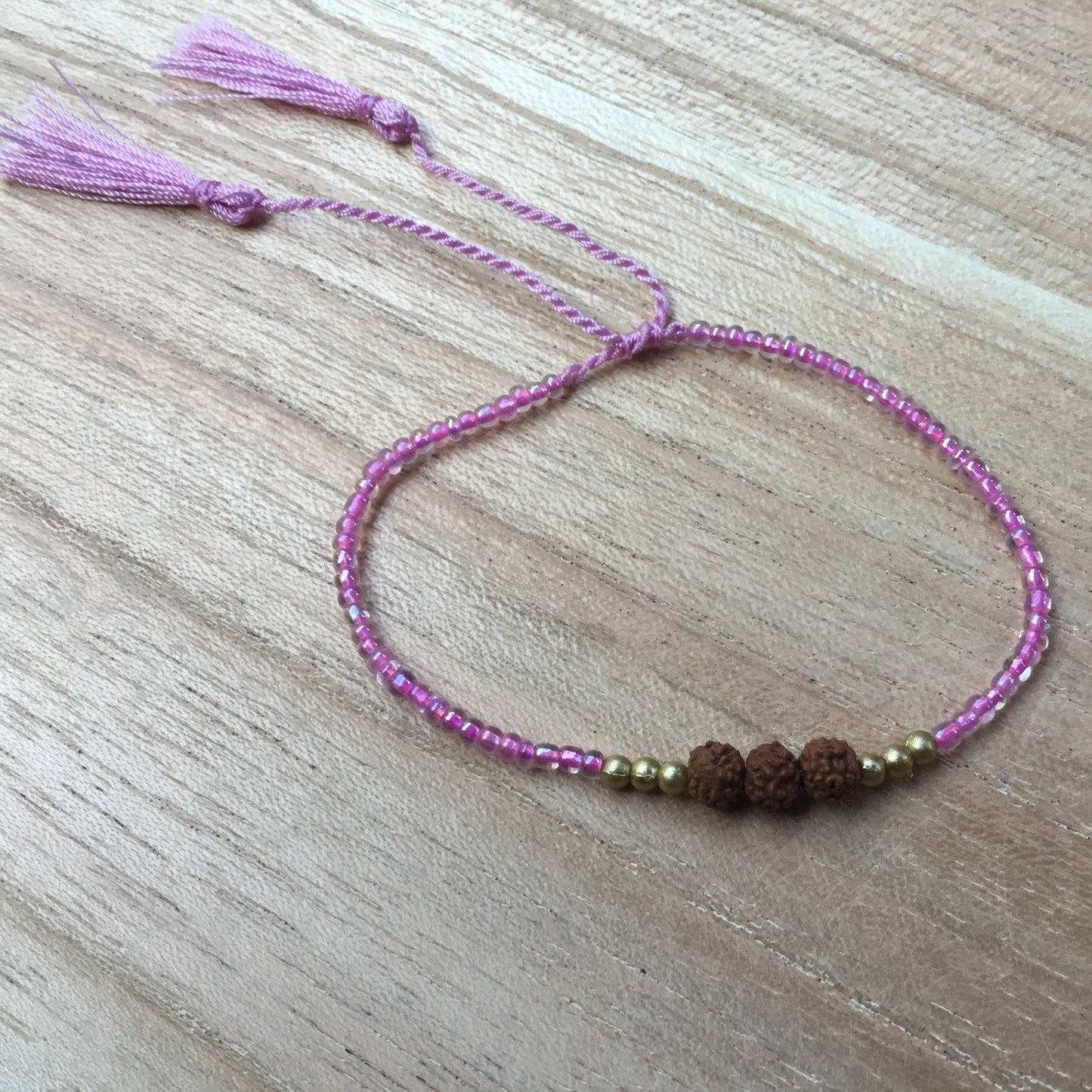 Pink Stacking Bead bracelet, Coral Pink, with Rudraksha.