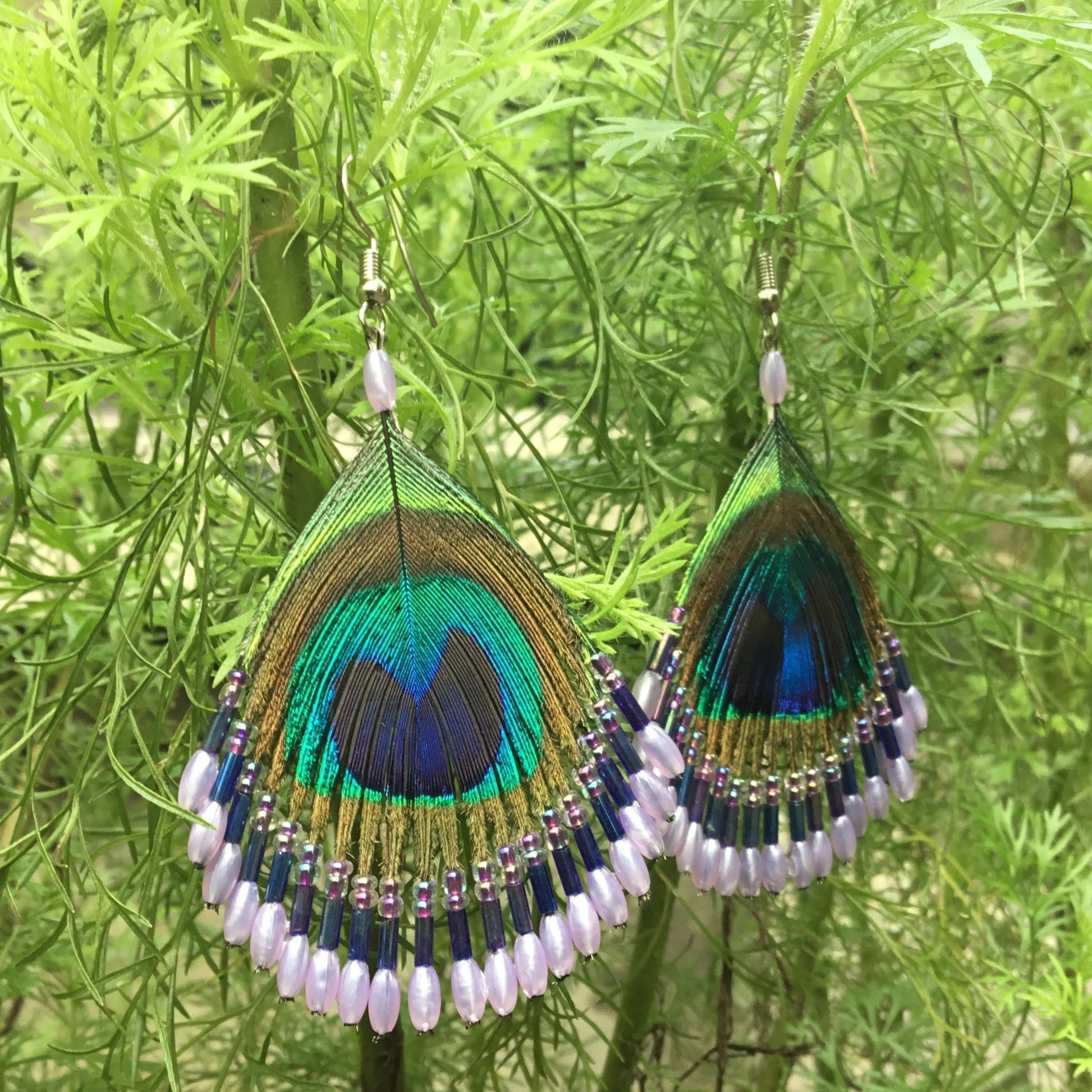 beaded peacock earrings, lavender purple.