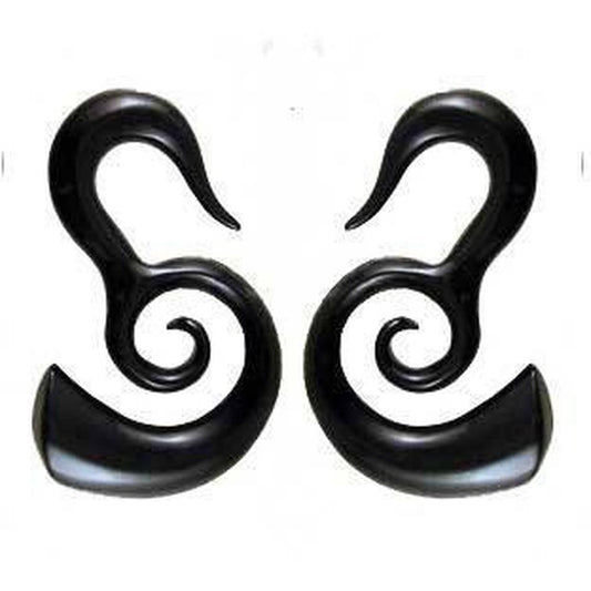 Dangle Horn Jewelry | Organic Body Jewelry :|: Borneo Spirals, black. Horn 0 gauge earrings. | 0 Gauge Earrings