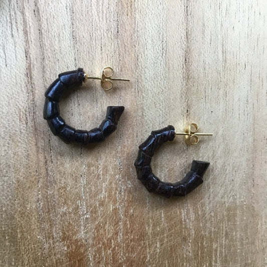 scuplted bamboo, natural black wood and gold earrings.