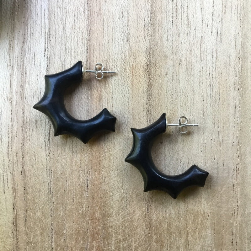 black wood and silver post hoop earrings