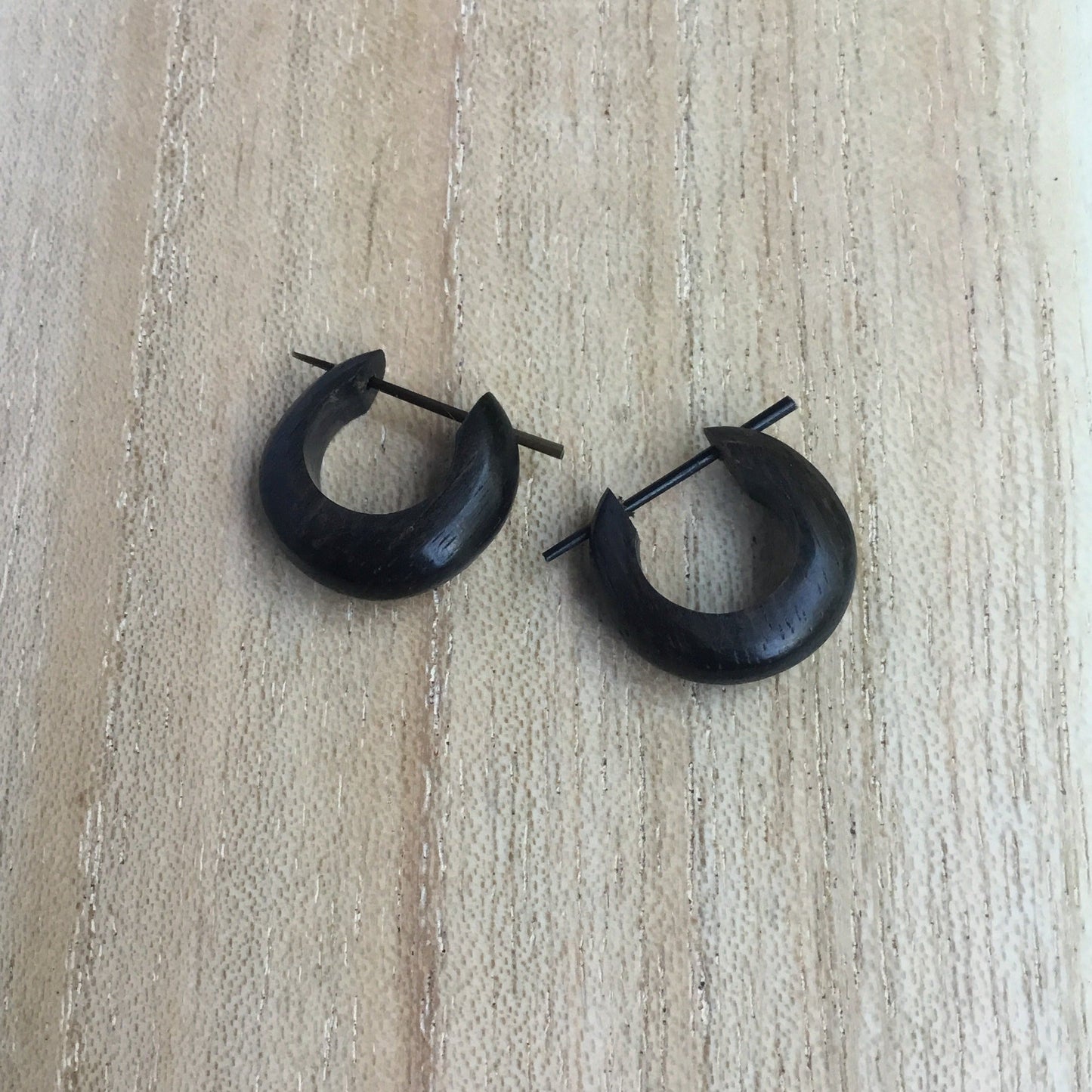 black wood earrings, small tribal hoop.
