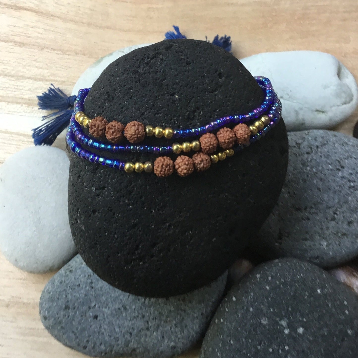 blue bead stack bracelets